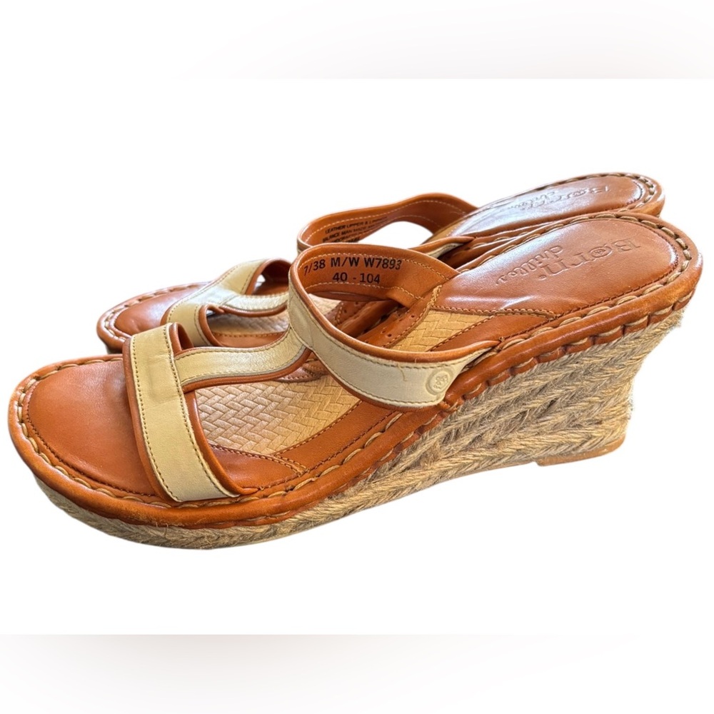 Born Drilles Leather Rope Wedge Heels Open Toe Slide Sandals Sz 7 M/W 3” Heel